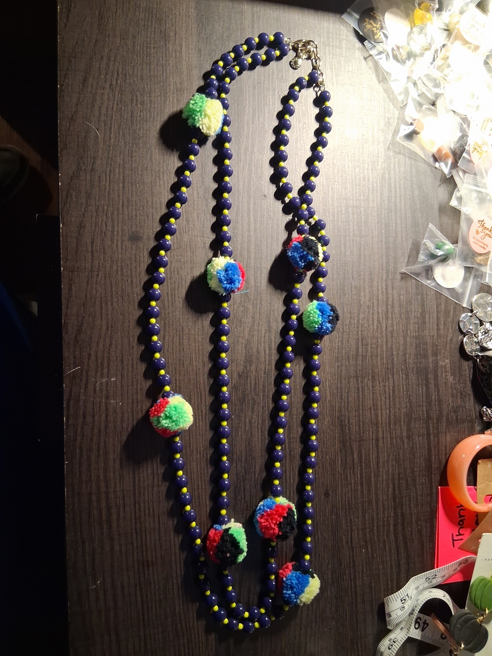 Source Unknown Navy Blue Beaded Necklace with Multicolor Pom-Poms - Picture 2 of 7